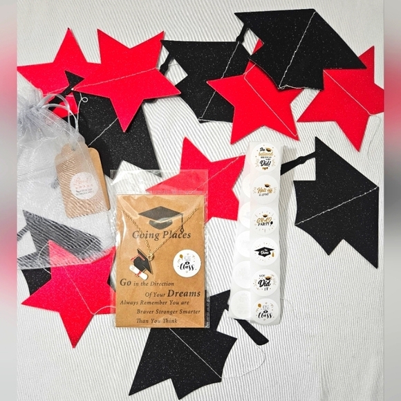 Red & Black graduation bundle 4pcs Necklace banner 20pcsGrad Stickers  bags - Picture 10 of 17